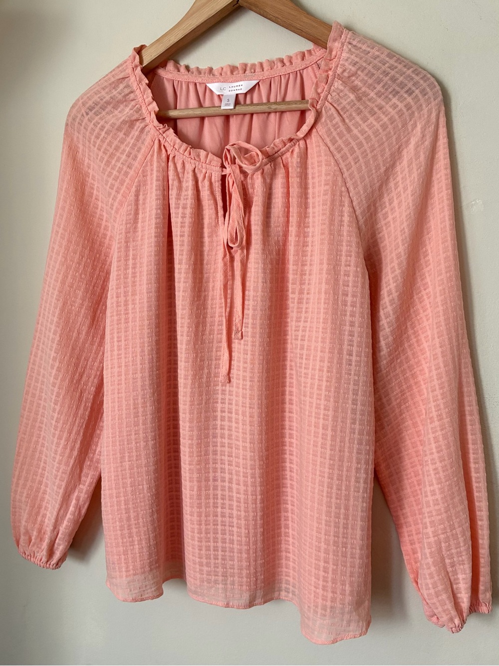 Lauren Conrad Boho Peach Pink Grid Textured Peasant Blouse Fall Long Sleeve S